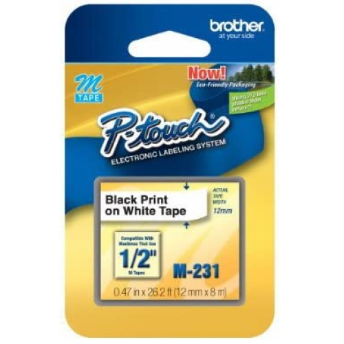 1/2" (12mm) Black on White P-Touch M Tape for Brother PT-55, PT55 Label Maker 2 pack