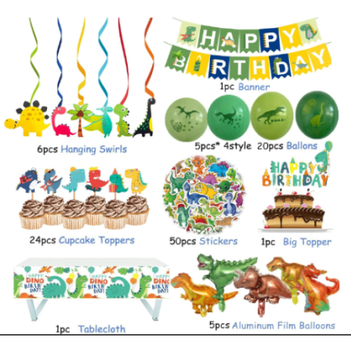 YBST Dinosaur Birthday Party Supplies, 104 Pcs Supplies Set for Boys and Girls, Include Balloons, Banner, Tablecloth, Stickers, Hanging Swirls, Aluminum Film Cake Topper Cupcake Toppers