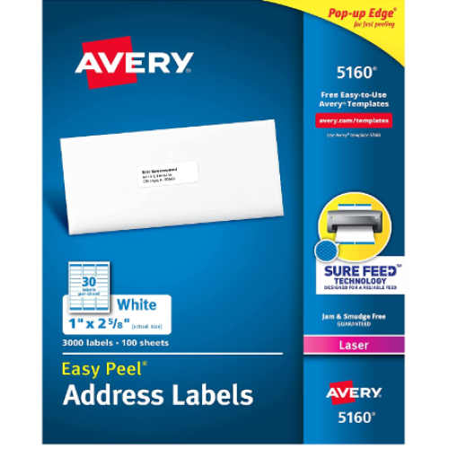 Avery 5160 Easy Peel Address Labels , White, 1 x 2-5/8 Inch, 3,000 Count (Pack of 1)