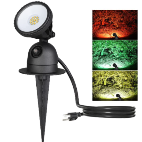 EDISHINE  Spotlight Outdoor LED with 3 Lenses (Red Yellow Green), Dusk to Dawn Light Sensor Plug in Landscape Light, 120V 12W LED Spot Light Outdoor with 3 FT Extension Cord, UL Listed