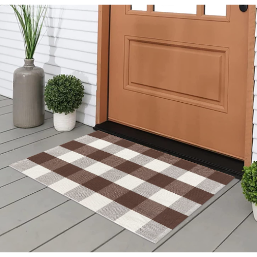 Cotton Buffalo Plaid Rug 24'' x 35'', KIMODE Farmhouse Brown/White Hand-Woven Checkered Layered Welcome Door Mat, Washable Porch Floor Braided Mats Carpet for Frontdoor Kitchen Braided Throw Mat