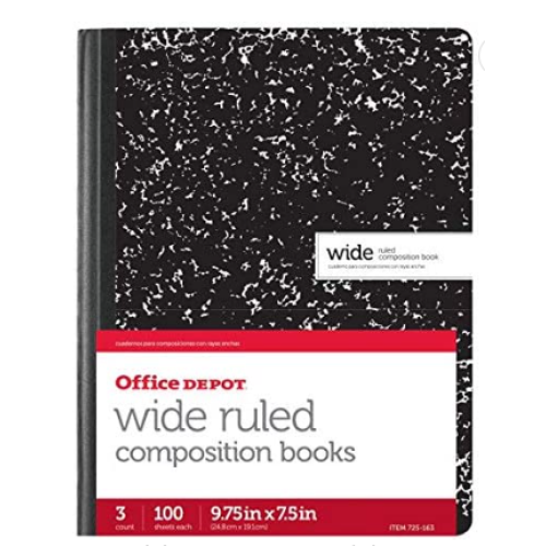 Office Depot Composition Book, 7 1/2in. x 9 3/4in, Wide-Ruled, 100 Sheets, Black/White Marble, Pack of 3