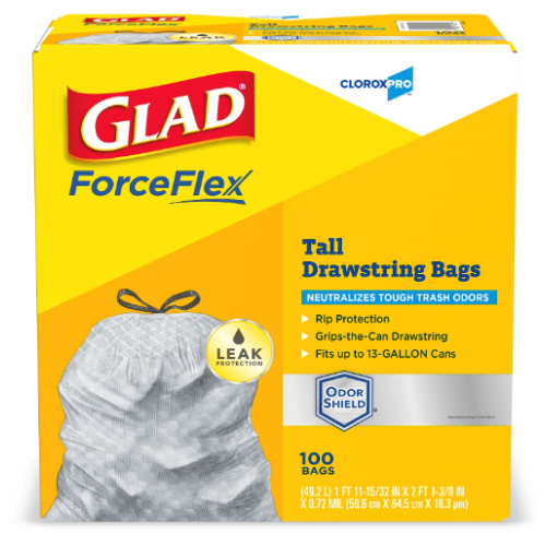 Glad ForceFlex Tall Kitchen CloroxPro Drawstring Trash Bags 13 Gallon Grey Trash Bag, Unscented 100 Count