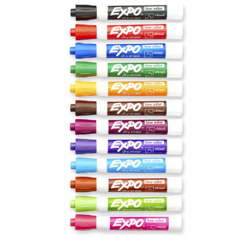 EXPO Low Odor Dry Erase Markers, Chisel Tip, Assorted Colors, 12 Count