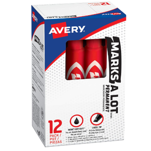 Avery Marks-A-Lot Permanent Markers, Regular Desk-Style Size, Chisel Tip, Water and Wear Resistant, 12 Red Markers