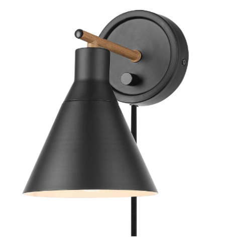 Globe Electric 51725 Tristan 1-Light Dimmable Plug-in or Hardwire Wall Sconce, Matte, Faux Walnut Accent, Stepless Dimming Rotary Switch on Canopy, Black Fabric Cord