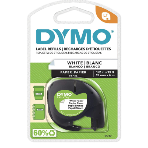 DYMO LetraTag Labeling Tape, Label Makers, Black Print on White Paper, 1/2" W x 13' L, 1 Cassette