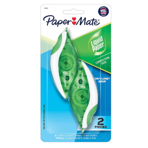 Paper Mate Liquid Paper DryLine Grip Correction Tape, Green , 2 Count