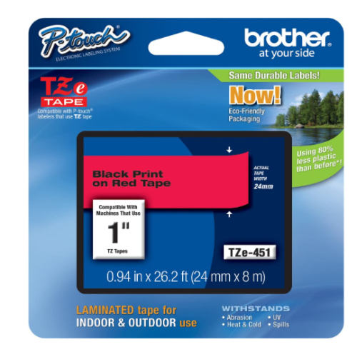 Genuine Brother 1" (24mm) Black on Red TZe P-Touch Tape for Brother PT-D600, PTD600 Label Maker