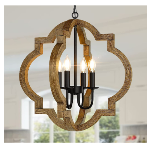  Farmhouse Wood Chandelier, 4-Light Rustic Dining Room Light Fixture, Orb Chandelier Light Adjustable Hanging Chain,Black Chandelier for Kitchen Island Foyer Over Dining Table, Bulb Not Included