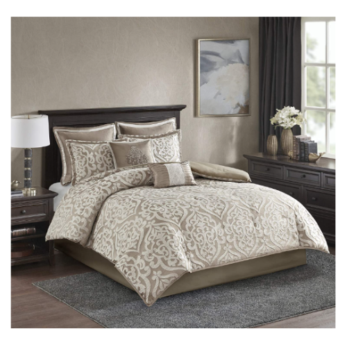 Madison Park Odette Cozy Comforter Set Jacquard Damask Medallion Design - Modern All Season, Down Alternative Bedding, Shams, Decorative Pillows, Cal King, Tan 8 Piece