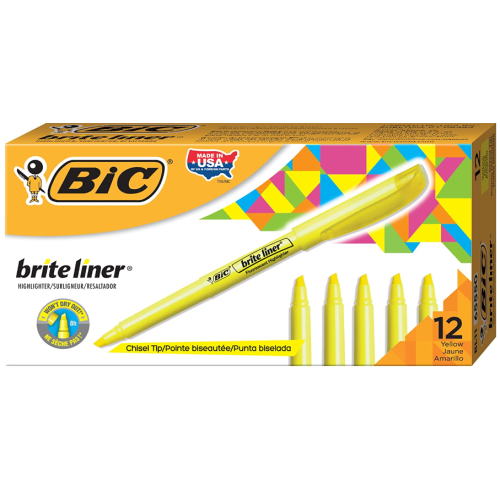 BIC Brite Liner Highlighter, Chisel Tip, Yellow, 12-Count, For Broad Highlighting or Fine Underlining