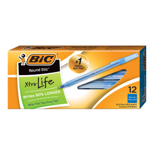 BIC Round Stic Xtra Life Ballpoint Pen, Medium Point (1.0mm), Blue, 12-Count