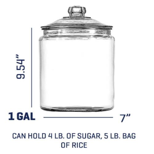 Anchor Hocking 1 Gallon Heritage Hill Glass Jar with Lid (4 piece, all glass, dishwasher safe)