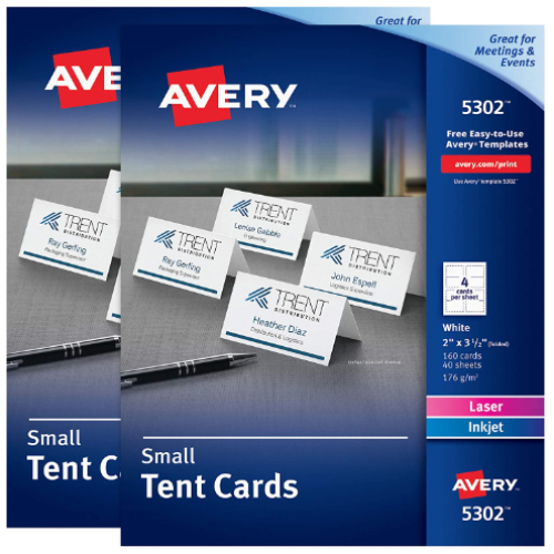 Avery Printable Small Tent Cards, 2" x 3.5", Two-Sided Printing, Matte White, 2 Pack, 320 Cards Total