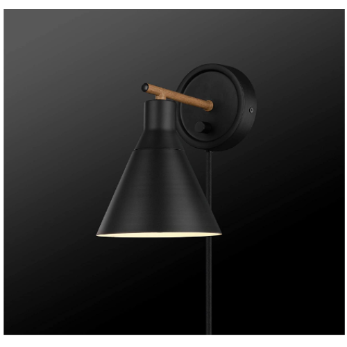 Globe Electric 51725 Tristan 1-Light Dimmable Plug-in or Hardwire Wall Sconce, Matte, Faux Walnut Accent, Stepless Dimming Rotary Switch on Canopy, Black Fabric Cord