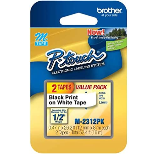 Brother Genuine P-touch M-2312PK Tape, 2 Pack, 1/2" (0.47") Wide Standard Non-Laminated Tape, Black on White, Recommended for Home and Indoor Use, 0.47" x 26.2' (12mm x 8M), 2-Pack, M2312PK, M231