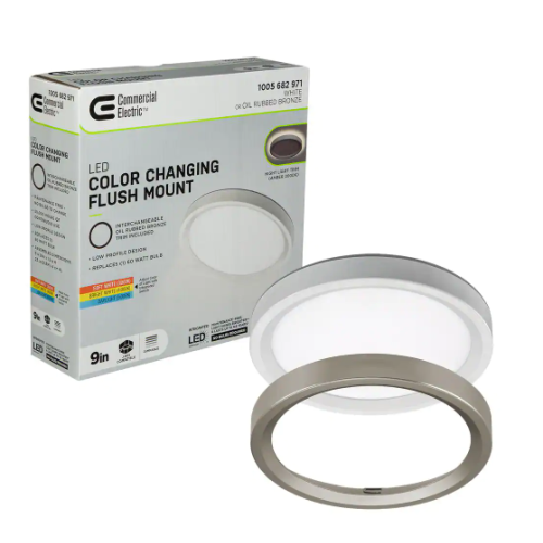 9 in. Color Selectable LED Flush Mount Ceiling Light w/ Night Light Optional White and Brushed Nickel Trim Rings