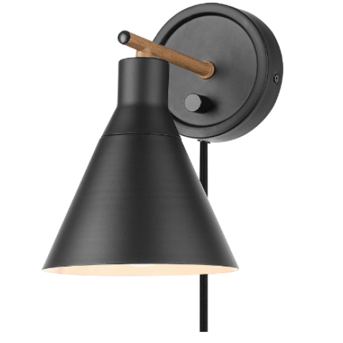 Tristan 1-Light Dimmable Plug-in or Hardwire Wall Sconce, Matte, Faux Walnut Accent, Stepless Dimming Rotary Switch on Canopy, Black Fabric Cord set of 2