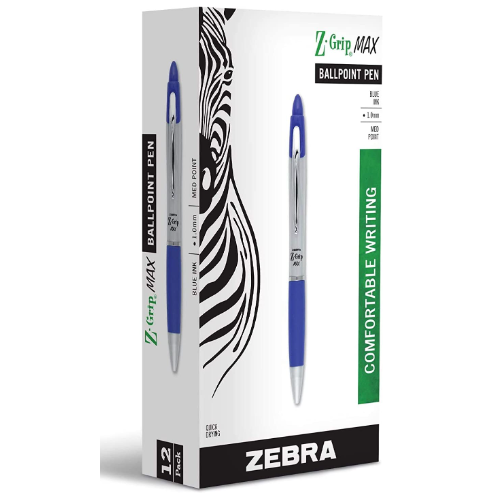 Zebra Pen Z-Grip MAX Retractable Ballpoint Pen, Medium Point, 1.0mm, Silver Barrel, Blue Ink, 12 Pack