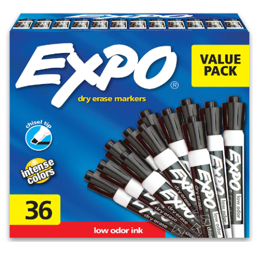 EXPO Low Odor Dry Erase Marker | Chisel Tip Markers | Whiteboard Markers, Black, 36 Count