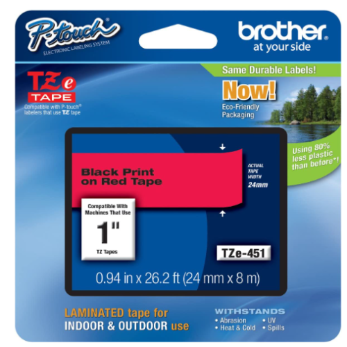 Genuine Brother 1" (24mm) Black on Red TZe P-Touch Tape for Brother PT-D600, PTD600 Label Maker