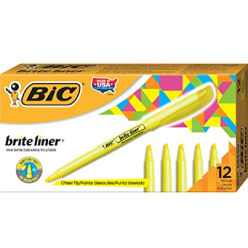 BIC Brite Liner Highlighters, Chisel Tip, Yellow Highlighters, 12-Count, For Broad Highlighting or Fine Underlining