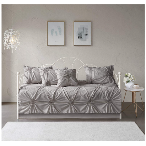 Madison Park Daybed Cover Set-Trendy Design All Season Luxury Bedding with Bedskirt, Matching Shams, Decorative Pillow, Medallion Tufted Dark Grey