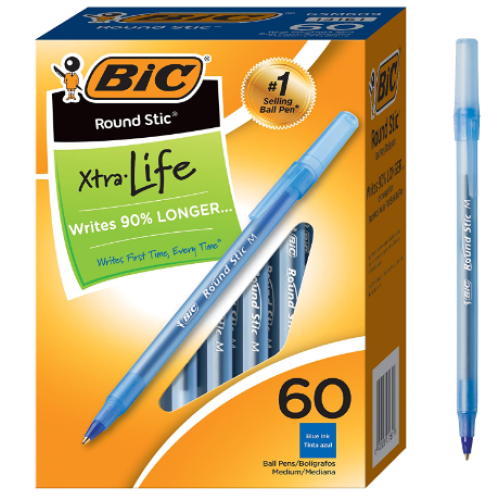 BIC Round Stic Xtra Life Ballpoint Pens, Medium Point (1.0mm), Blue, Flexible Round Barrel For Writing Comfort, 60-Count