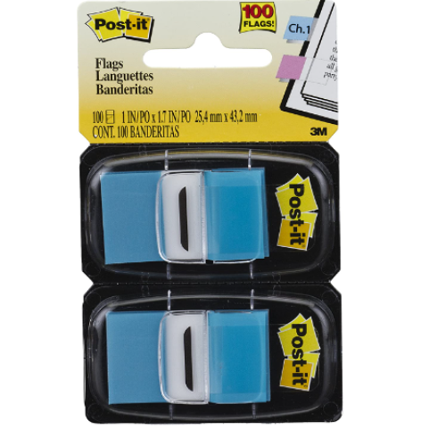 Post-it Standard Page Flags in Dispenser 1in Wide, Bright Blue 100 Flags