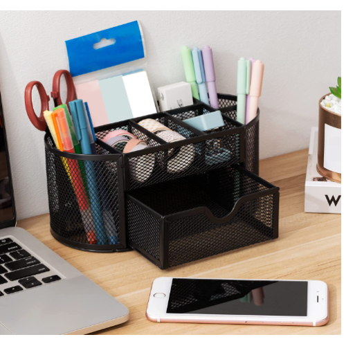 HYLY Mesh Desk Organizer,Office Storage Supplies Drawer Organizers Holder Stationery with 8 Compartments and 1 Drawer Mesh Metal Pen Holder Stationery (Black)