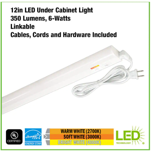 12 in. 6-Watt Plug-in Color Changing LED Under Cabinet Light 3-Position Switch Linkable 350 Lumens Cords Included