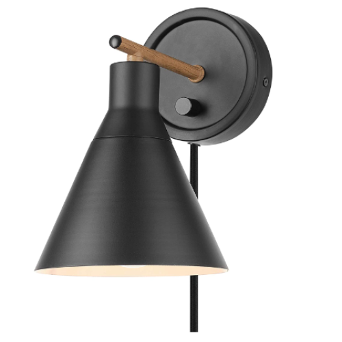 Globe Electric 51725 1-Light Dimmable Plug-in or Hardwire Wall Sconce, Matte Black, Faux Walnut Accent, Stepless Dimming Rotary Switch on Canopy, Black Fabric Cord, Wall Lights for Bedroom Plug in