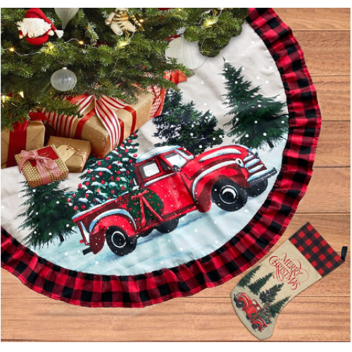 ORTIGIA 48 inch Christmas Tree Skirt and Christmas Stocking Burlap Christmas Red Truck Christmas Tree Decoration Red Buffalo Check Plaid Trim Farmhouse Winter Holiday Home Decoration Ornaments