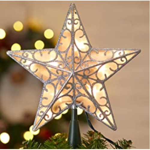 Christmas Star Tree Topper, Plug in Sliver Glittered 3D Star Tree Topper, Metal Hollow Designed Built in 10 Bulbs String Lights for Christmas Tree Decoration