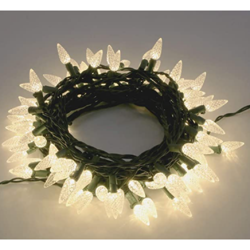 60 Lights LED Warm White Faceted C6 Christmas Lights on Green Wire