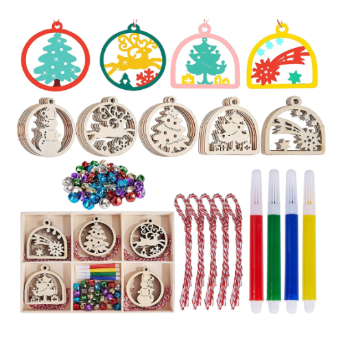 szxy 30pcs Unfinished Wooden Hanging Ornaments for Christmas Decorations,5 Styles DIY Wood Slices with Holes for Kids Crafts Centerpieces Holiday Hanging Decorations (with Giftbox)