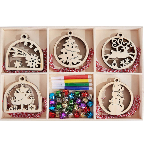 szxy 30pcs Unfinished Wooden Hanging Ornaments for Christmas Decorations,5 Styles DIY Wood Slices with Holes for Kids Crafts Centerpieces Holiday Hanging Decorations (with Giftbox)