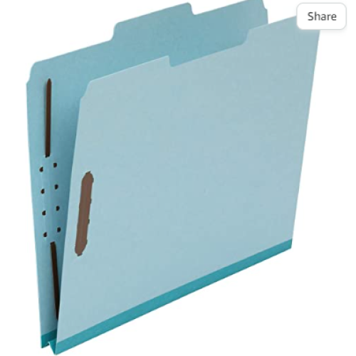 Pendaflex Recycled Classification File Folders, 2 Dividers, 2" Embedded Fasteners, 2/5 Tab Cut, Letter Size, Light Blue, Box of 10