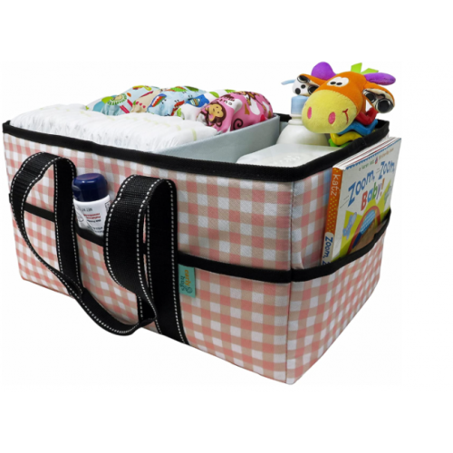 Early Hugs Baby Diaper Caddy Organizer, Nursery Storage, Baby Gift Basket, Pink & White Plaid