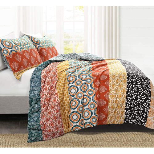 Lush Decor Bohemian Stripe Reversible Cotton 3 Piece Duvet Cover Set, Full/Queen, Turquoise & Orange