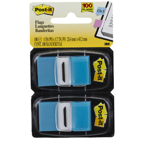 Post-it Flags, 50/Dispenser, 2 Dispensers/Pack, 1 in Wide, Bright Blue 