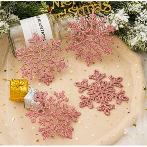 XmasExp 100mm/4inch Mini Glitter Snowflake Ornaments Set Christmas Tree Hanging Plastic Decoration for Xmas Party Wedding Anniversary Window Door Home Accessories (30pcs,Rose Gold) 2 Pack