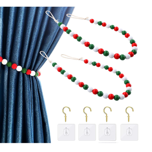 Makersland 2 Pack Wood Beads Curtain Tiebacks Christmas Boho Curtain Holdbacks Beaded Drapes Rope Buckle with Hooks for Home Window Treatment Holiday Decor Xmas Ornaments Gift