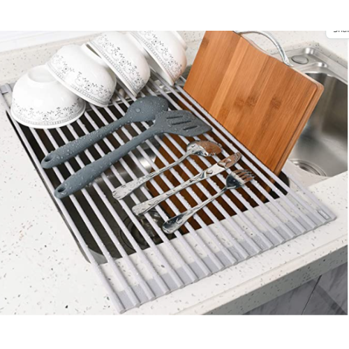  Over Sink Drying Rack - Collapsible Space Saving Roll Up Sink Rack, Portable Rack for Kitchen Sink - Foldable Stainless Steel & Silicone Dish Drainer, Grey