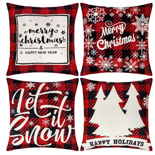 Acerich Christmas Pillow Covers 18x18 Inch, Modern Farmhouse Decor, 4 Pack Red Christmas Tree Throw Pillow Cases Cotton Linen Cushion Xmas Sofa Covers