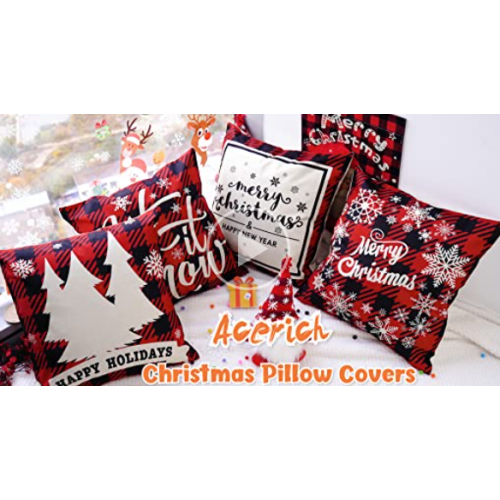 Acerich Christmas Pillow Covers 18x18 Inch, Modern Farmhouse Decor, 4 Pack Red Christmas Tree Throw Pillow Cases Cotton Linen Cushion Xmas Sofa Covers