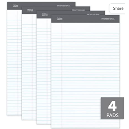 Office Depot Professional Legal Pad, 8 1/2in. x 14in., White, Legal Ruled, 50 Sheets, 4 Pads