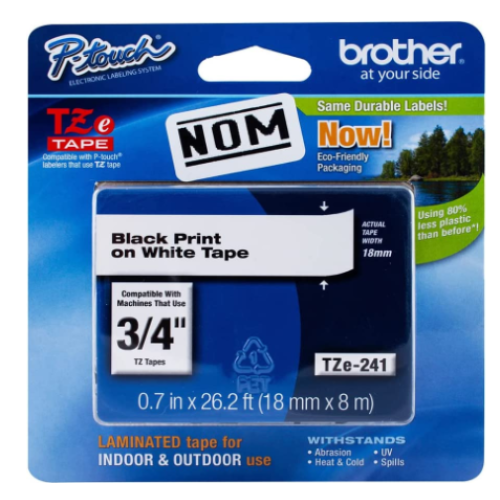 Brother Genuine P-touch TZE-241 Tape, 3/4" (0.70") Standard Laminated P-touch Tape, Black on White, Perfect for Indoor or Outdoor Use, Water Resistant, 26.2 Feet (8M), Single-Pack