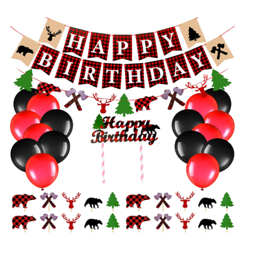 Lumberjack Birthday Decorations 49 Pieces Lumberjack Party Birthday Banner Lumberjack Themed Party Garland Buffalo Plaid Cake Toppers Balloons for Winter Christmas Lumberjack Birthday Party Supplies